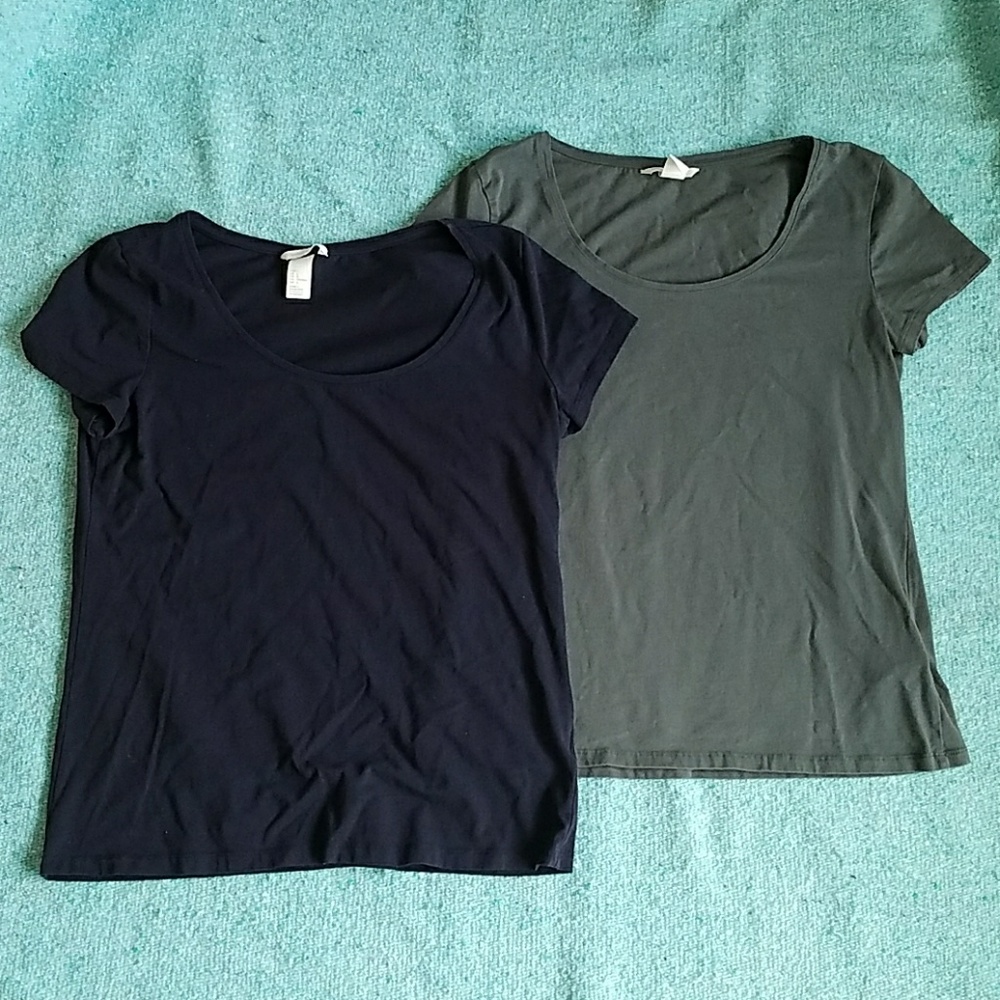 Two H&M Basic Scoop neck Tees Navy and Dusty Green
